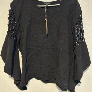 Coco + Carmen Embroidered floral crochet bell Sleeve Top Black Whimsigoth S/M
